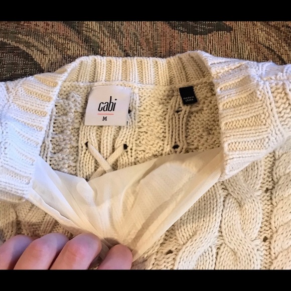 CAbi 3157 Ivory Lace Up Cable Knit Sweater Womens Medium Livie Preppy Coquette - Picture 6 of 8